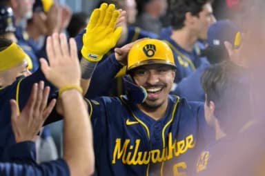 Milwaukee Brewers third baseman David Hamilton (6) celebrates after a solo home run against the Los Angeles Dodgers during the ninth inning in game four of the NLCS for the 2026 MLB Playoffs at Uniqlo Field at Dodger Stadium.