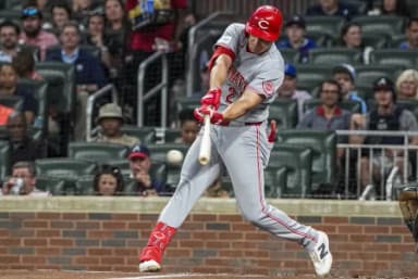 Cincinnati Reds left fielder JJ Bleday (22) hits a single against the Atlanta Braves during the second inning at Truist Park.