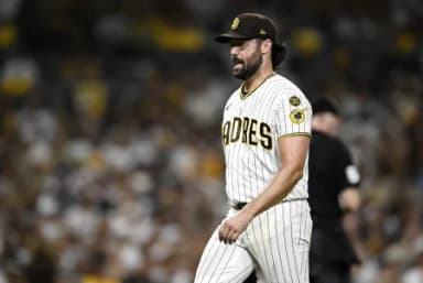 San Diego Padres pitcher Robbie Ray (38) leaves the game during the fifth inning against the Milwaukee Brewers in game four of the NLDS for the 2026 MLB Playoffs at Petco Park.