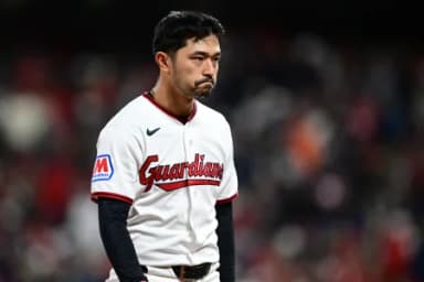 Cleveland Guardians outfielder Steven Kwan (38) reacts against the Tampa Bay Rays in game five of the ALCS for the 2026 MLB Playoffs at Progressive Field.