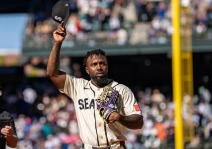Seattle Mariners left fielder Randy Arozarena (56) acknowledges the crowd as he walks off the field during the seventh inning against the Los Angeles Angels at T-Mobile Park.