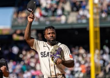 Seattle Mariners left fielder Randy Arozarena (56) acknowledges the crowd as he walks off the field during the seventh inning against the Los Angeles Angels at T-Mobile Park.