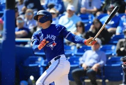 Toronto Blue Jays infielder Josh Kasevich (86) singles during the second inning against the New York Yankees at TD Ballpark.