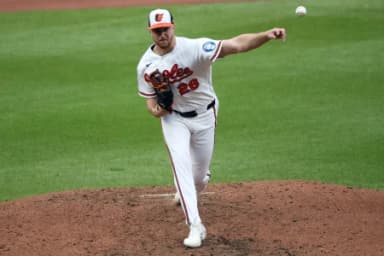 Baltimore Orioles pitcher Trevor Rogers (28) throws during the seventh inning against the Milwaukee Brewers at Oriole Park at Camden Yards.