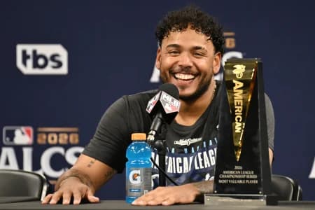 Tampa Bay Rays pitcher Freddy Peralta (51) speaks in a press conference after defeating the Cleveland Guardians in game six of the ALCS for the 2026 MLB Playoffs at Tropicana Field.