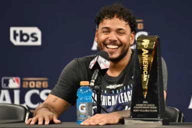 Tampa Bay Rays pitcher Freddy Peralta (51) speaks in a press conference after defeating the Cleveland Guardians in game six of the ALCS for the 2026 MLB Playoffs at Tropicana Field.
