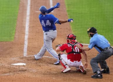 Toronto Blue Jays designated hitter Rowdy Tellez (44) hits a home run during the fourth inning against the Philadelphia Phillies at BayCare Ballpark