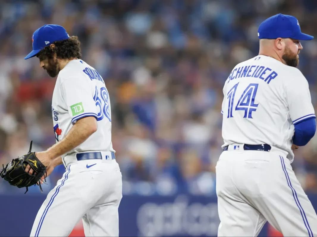 Blue Jays manger visiting Jordan Romano on the Mound