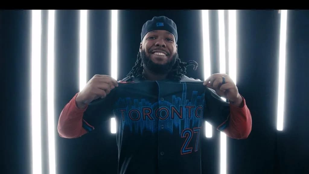 Vladimir Guerrero Jr. wearing the new Blue Jays City Connect Jerseys at last night unveiling. #BlueJays #Nike #MLB