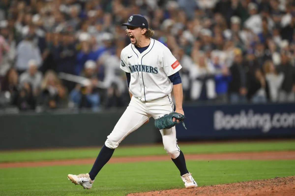 Seattle Mariners pitcher Logan Gilbert (36) reacts to getting out of the top of the eleventh inning against the Detroit Tigers during game five of the ALDS round for the 2025 MLB playoffs at T-Mobile Park.