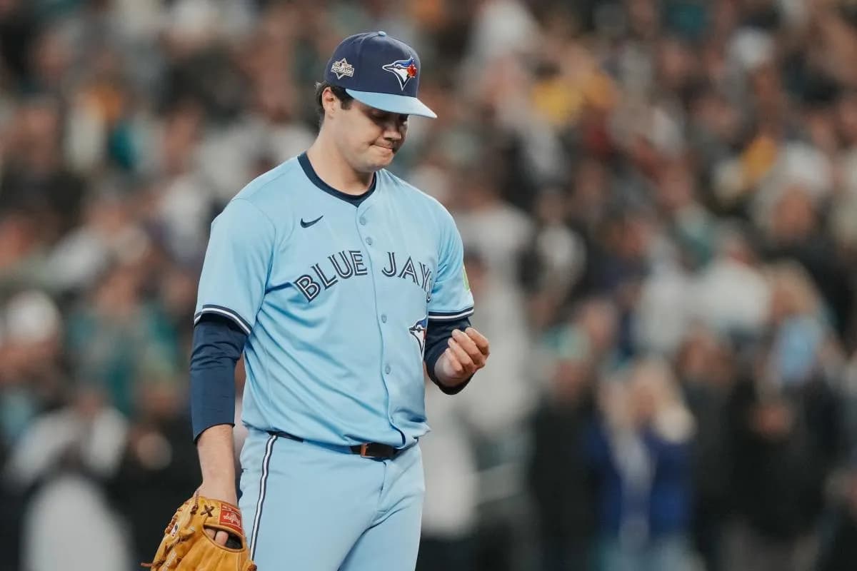 Toronto Blue Jays pitcher Brendon Little (54) reacts after giving up a solo home run to Seattle Mariners catcher Cal Raleigh (not pictured) in the eighth inning during game five of the ALCS round for the 2025 MLB playoffs at T-Mobile Park.