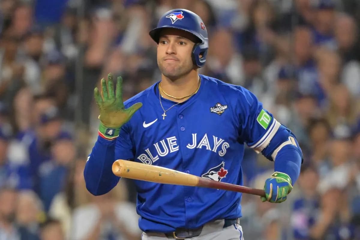 Toronto Blue Jays right fielder George Springer (4) reacts after striking out in the fourth inning against the Los Angeles Dodgers during game three of the 2025 MLB World Series at Dodger Stadium.