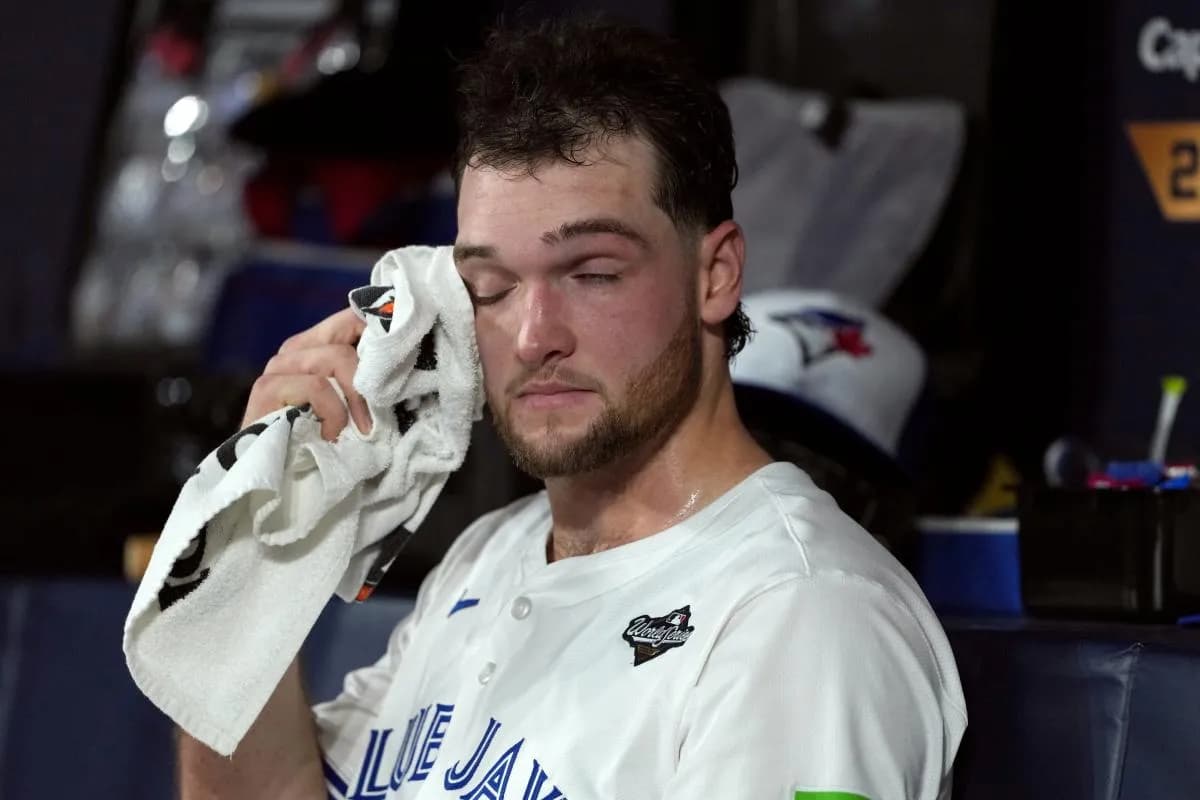 Toronto Blue Jays pitcher Trey Yesavage (39) reacts in the dugout in the second inning against the Los Angeles Dodgers during game one of the 2025 MLB World Series at Rogers Centre.