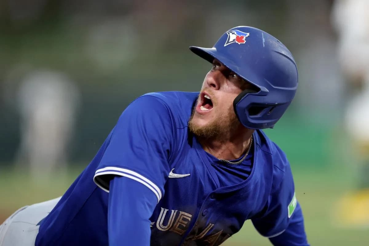 Toronto Blue Jays center fielder Myles Straw (3) reacts after safely sliding into third base during the fifth inning in a game against the Athletics at Sutter Health Park.