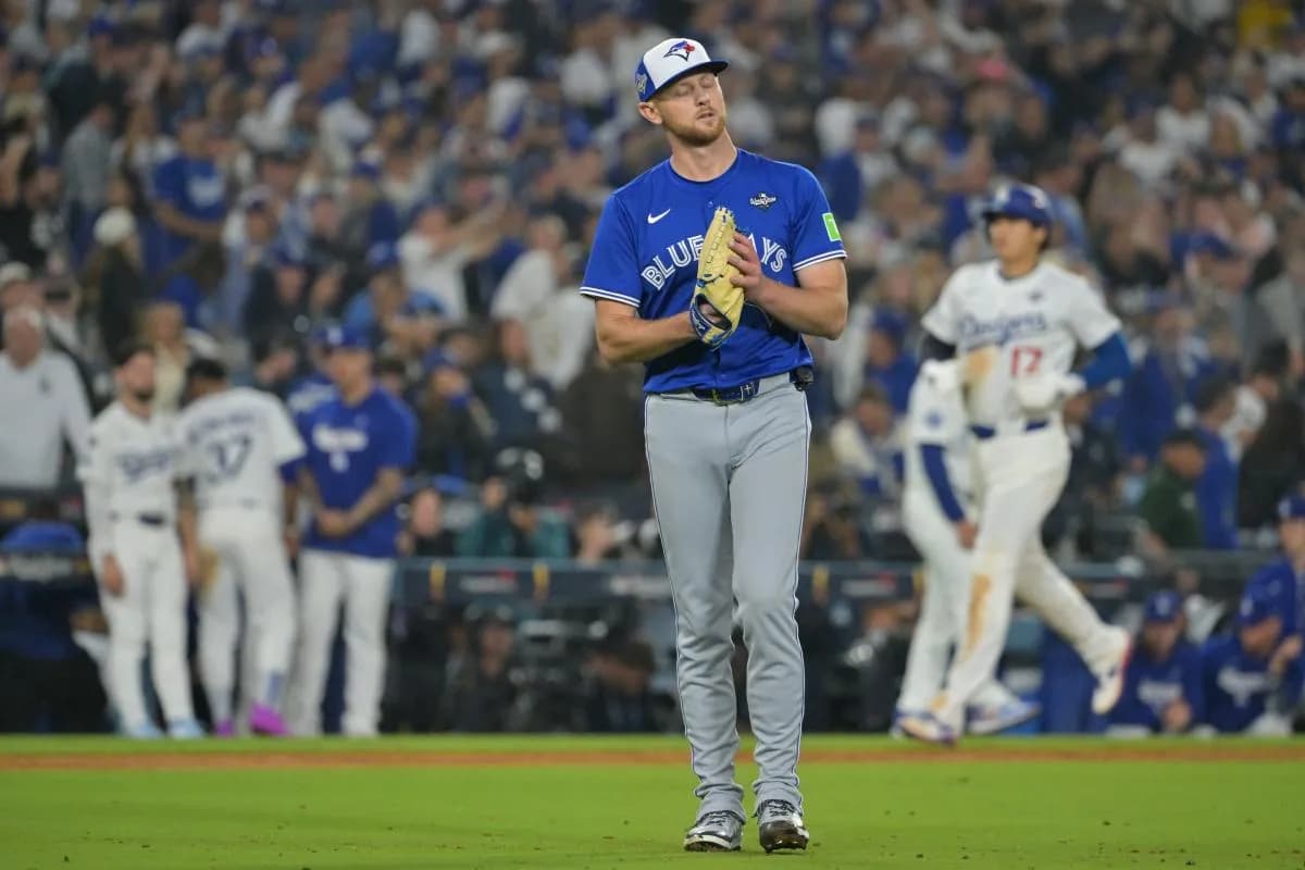 Toronto Blue Jays pitcher Eric Lauer (56) reacts in the thirteenth inning against the Los Angeles Dodgers during game three of the 2025 MLB World Series at Dodger Stadium.