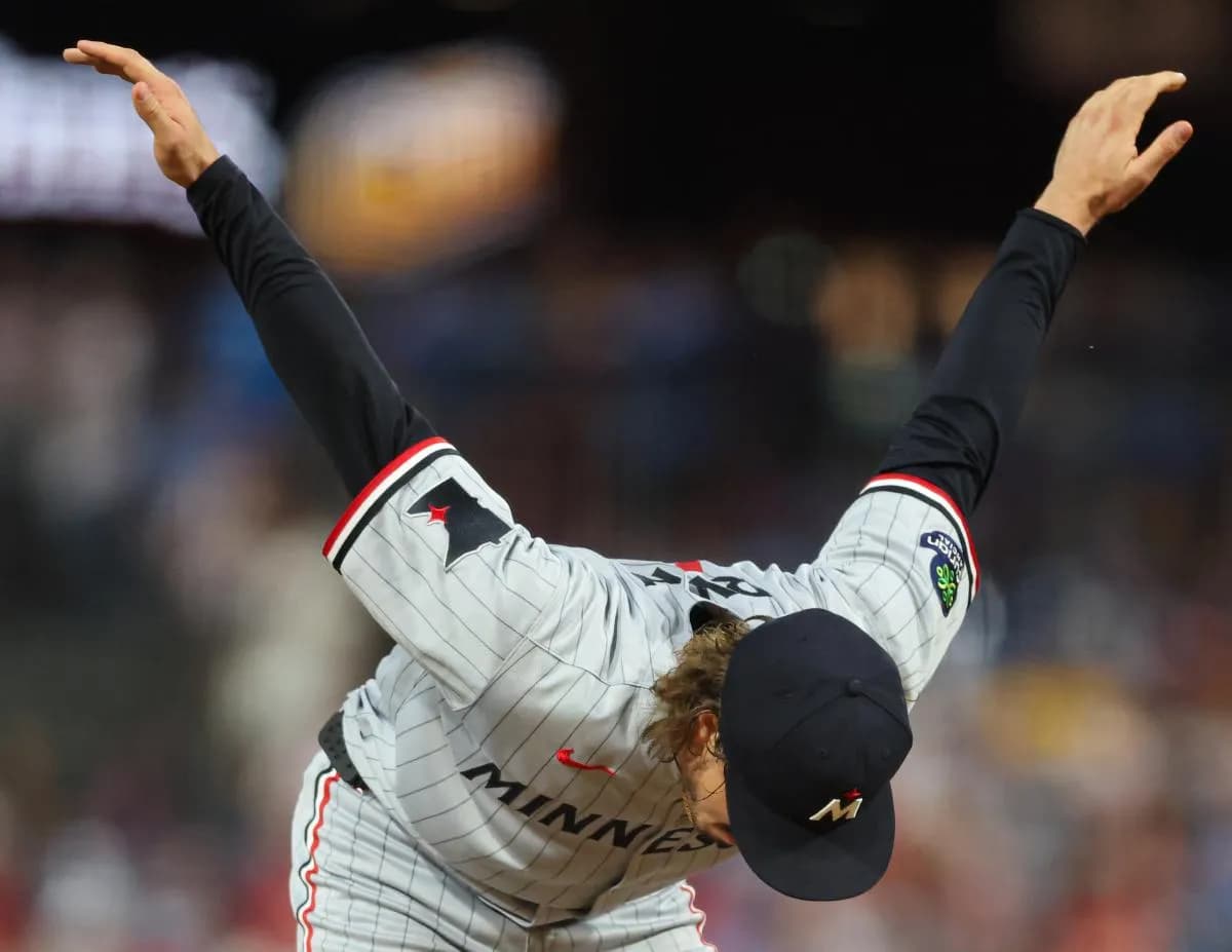 Minnesota Twins pitcher Joe Ryan (41) stretches before throwing a pitch during the second inning against the Philadelphia Phillies at Citizens Bank Park.