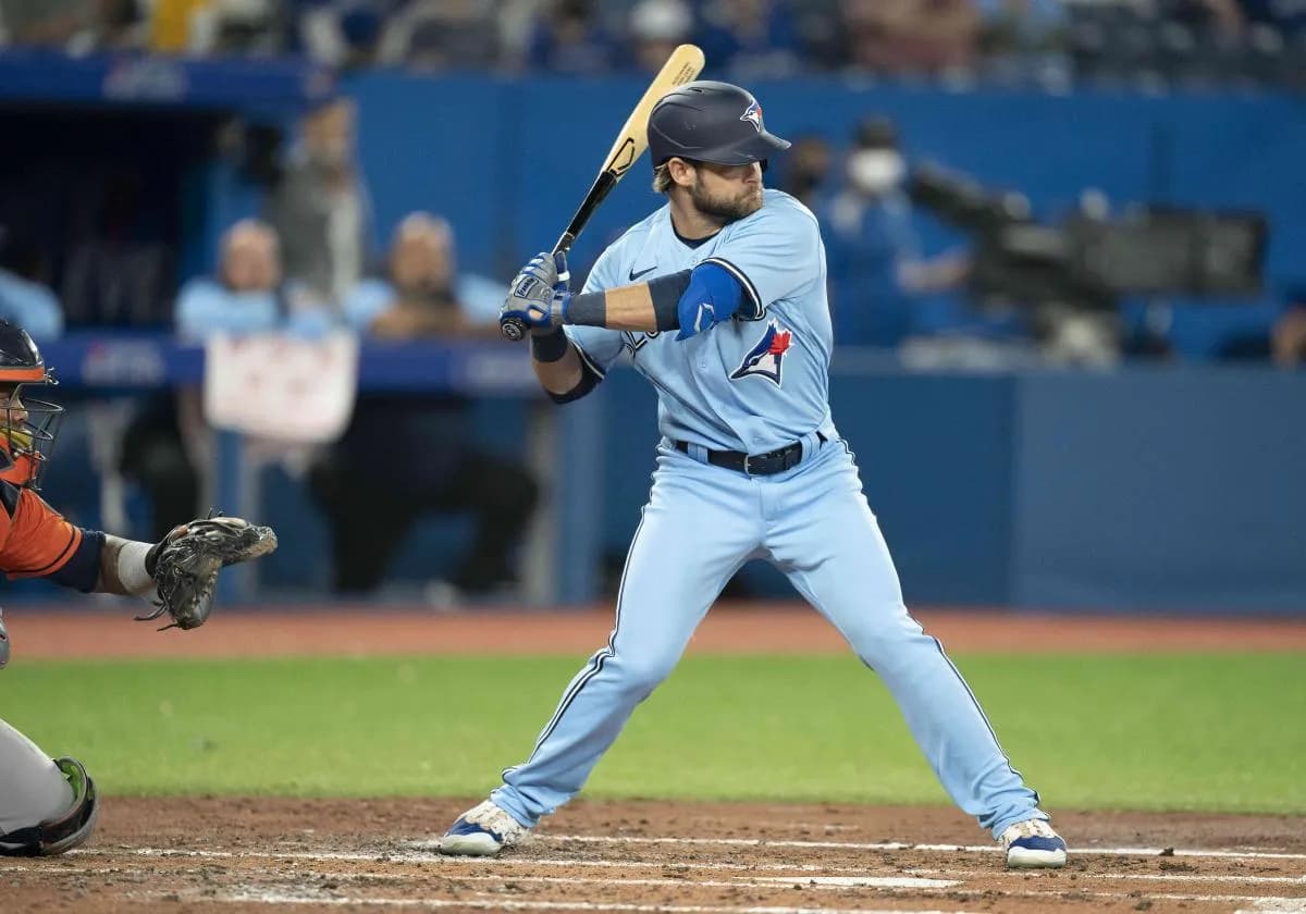 Toronto Blue Jays left fielder Vinny Capra (44) gets ready for a pitch in his major league debut during the third inning against the Houston Astros at Rogers Centre.