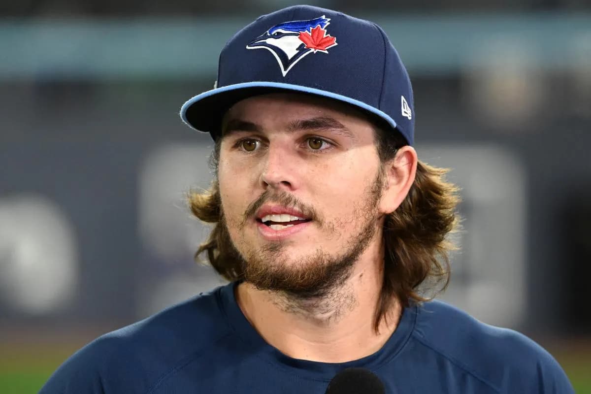 Toronto Blue Jays third baseman Addison Barger (47) speaks to media before game six of the 2025 MLB World Series against the Los Angeles Dodgers at Rogers Centre.