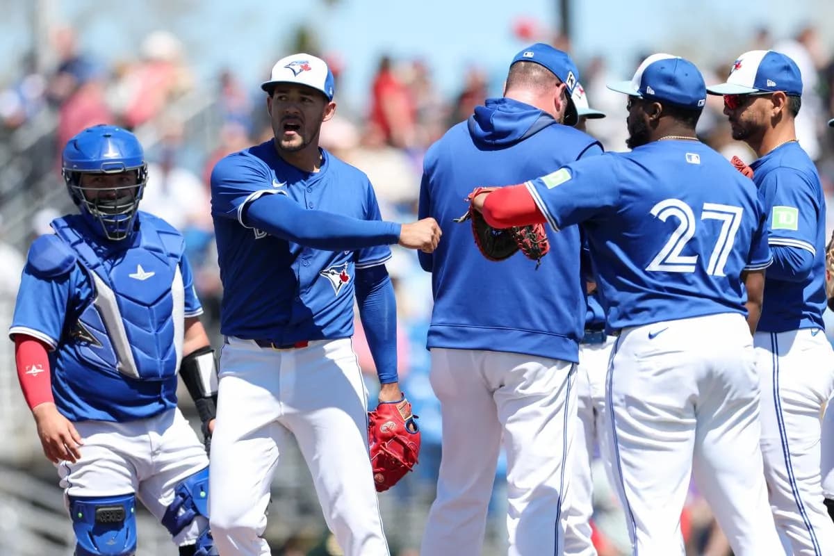 Toronto Blue Jays pitcher Jose Berríos (17) leaves the game against the Philadelphia Phillies in the sixth inning during spring training at TD Ballpark