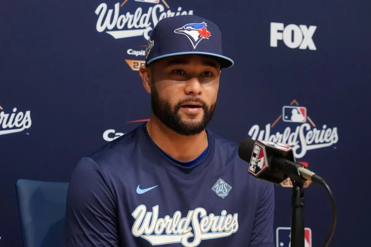 Toronto Blue Jays shortstop Isiah Kiner-Falefa (7) speaks in a press conference before game four of the 2025 MLB World Series against the Los Angeles Dodgers at Dodger Stadium.