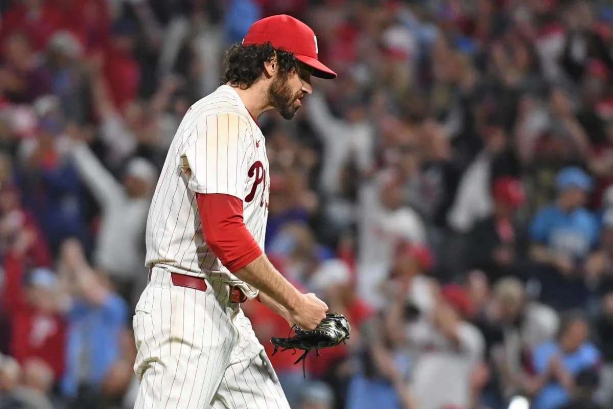Philadelphia Phillies pitcher Jordan Romano (68) celebrates after getting the final out in the ninth inning against the Atlanta Braves at Citizens Bank Park
