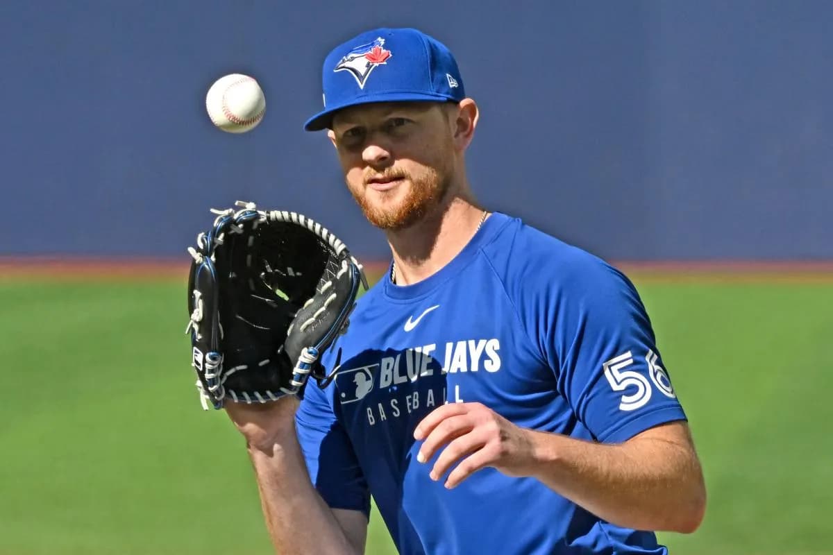 Toronto Blue Jays pitcher Eric Lauer (56) fields the ball during workouts at Rogers Centre.