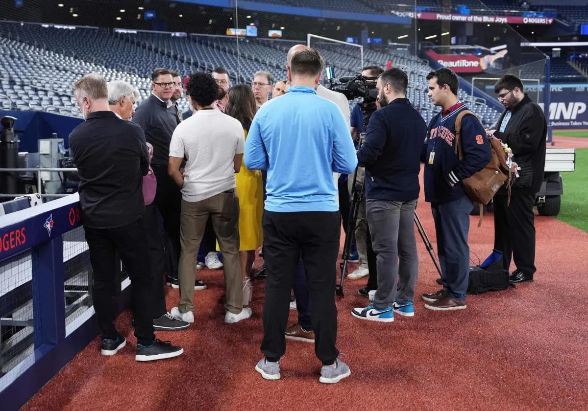 Toronto Blue Jays general manager Ross Atkins addresses the media before a game against the Tampa Bay Rays at Rogers Centre.