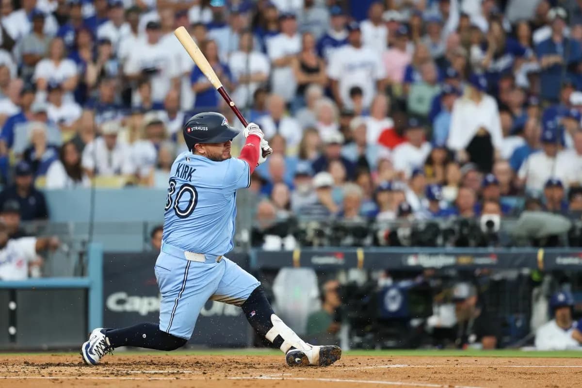 Toronto Blue Jays catcher Alejandro Kirk (30) strikes out during the third inning against the Los Angeles Dodgers during game five of the 2025 MLB World Series at Dodger Stadium.