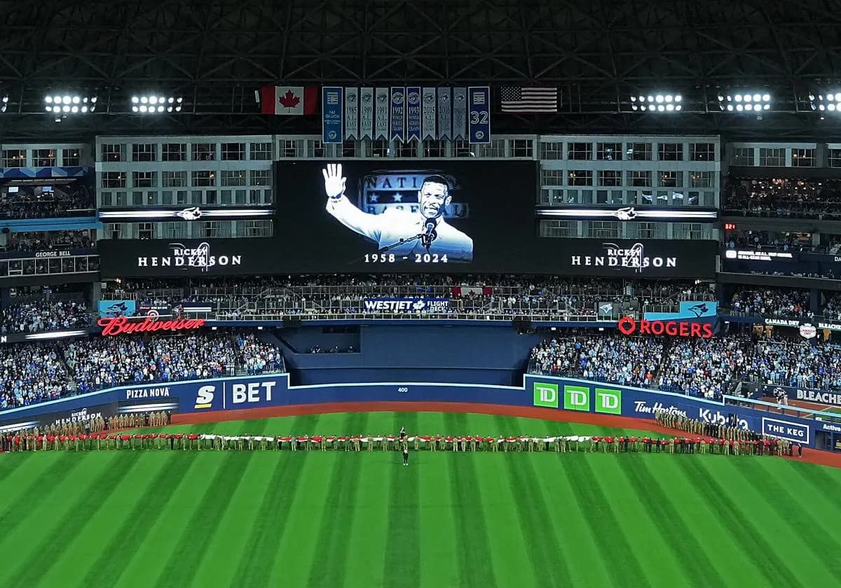 A general view of the Rogers Centre during the opening day ceremonies for a moment of silence for former Toronto Blue Jays Ricky Henderson before a game against the Baltimore Orioles.
