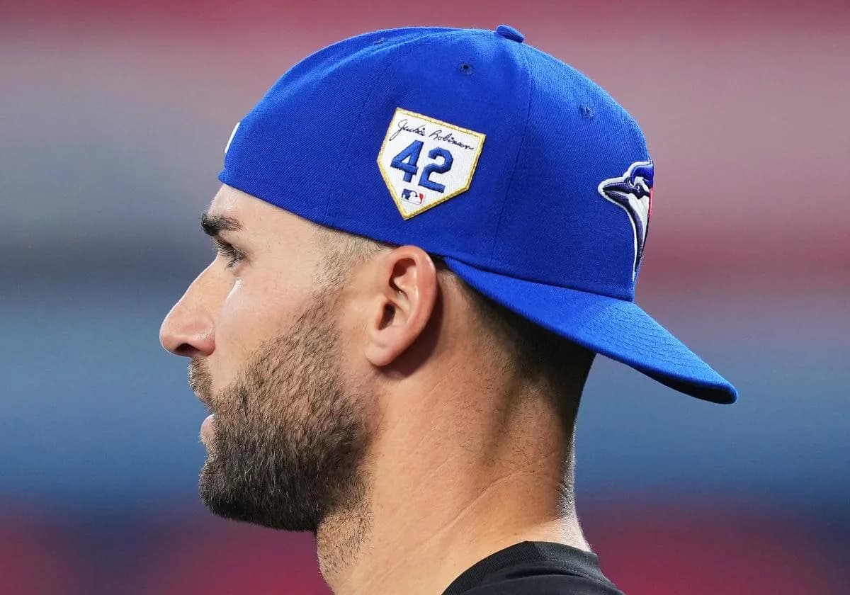 Toronto Blue Jays outfielder Kevin Kiermaier (39) wears a baseball cap honouring Jackie Robinson Day during batting practice before a game against the New York Yankees at Rogers Centre.
