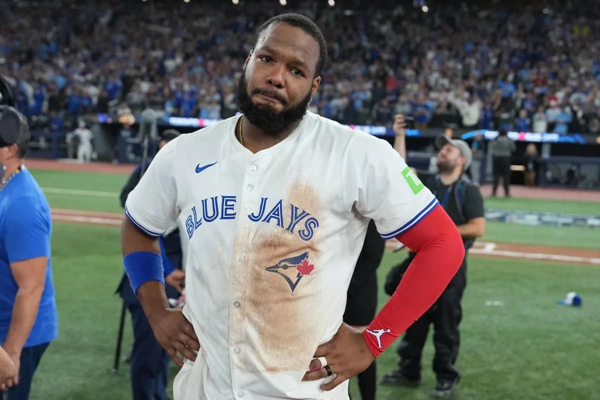 Toronto Blue Jays first baseman Vladimir Guerrero Jr. (27) gets emotional prior to speaking with the media after defeating the Seattle Mariners in game seven of the ALCS round for the 2025 MLB playoffs at Rogers Centre.