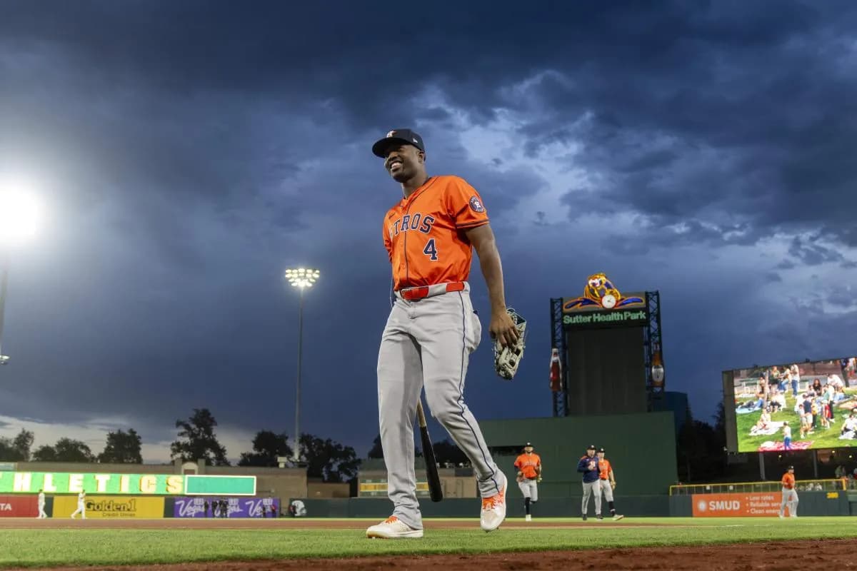 Houston Astros left fielder Jesus Sanchez (4) walks towards the dugout before the start of the game against the Athletics at Sutter Health Park.