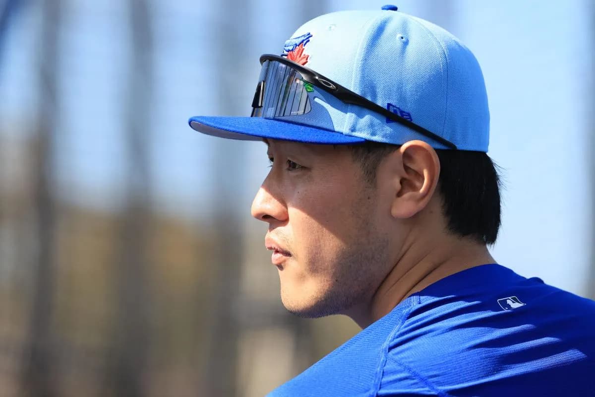 Toronto Blue Jays infielder Kazuma Okamoto (7) during spring training practices.