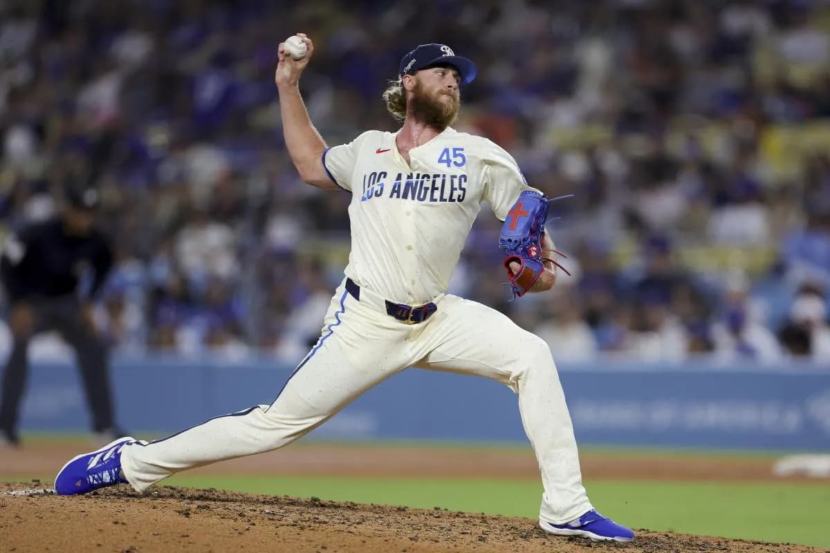 Los Angeles Dodgers relief pitcher Michael Kopech throws during the eighth inning of a baseball game against the San Francisco Giants at Dodger Stadium.
