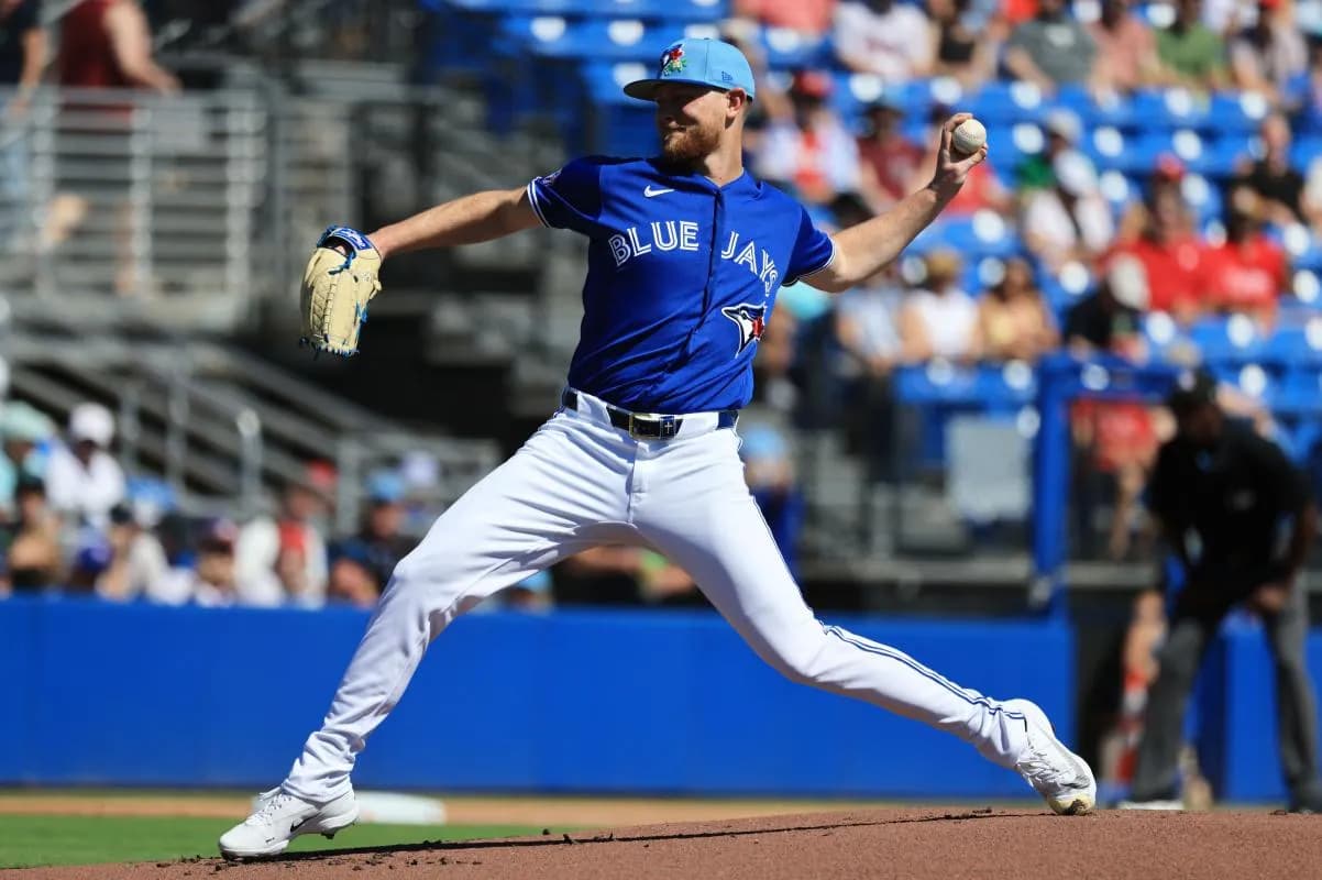 Toronto Blue Jays starting pitcher Eric Lauer (56) throws a pitch during the first inning against the Philadelphia Phillies at TD Ballpark.