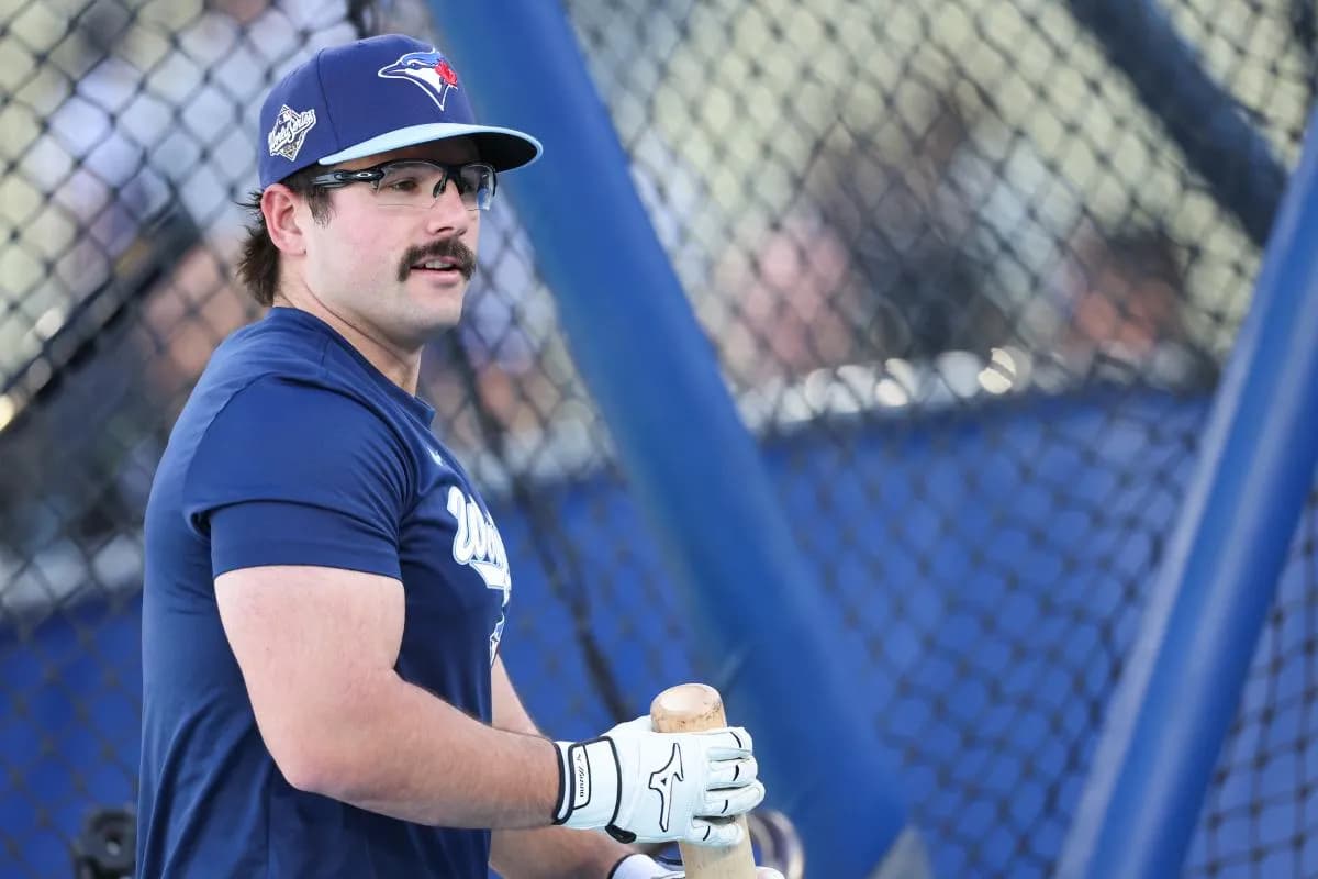 Toronto Blue Jays left fielder Davis Schneider (36) looks on before the game against the Los Angeles Dodgers during game four of the 2025 MLB World Series at Dodger Stadium.
