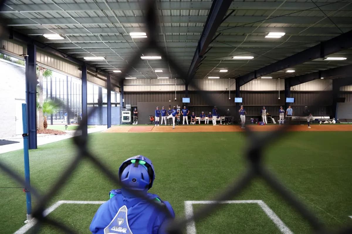 Toronto Blue Jays pitcher Trey Yesavage (39) throws a bullpen session for spring training practice at Blue Jays Player Development Complex.