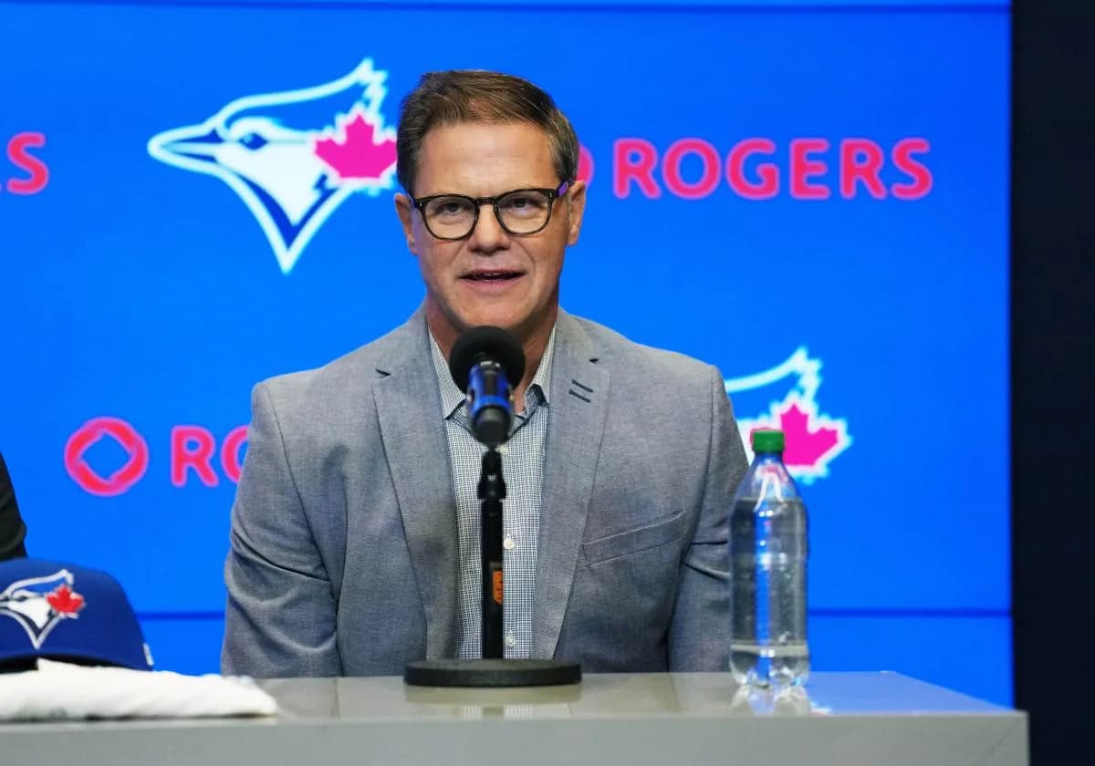 Toronto Blue Jays general manager Ross Atkins speaks to the media during the press conference room at Rogers Centre.