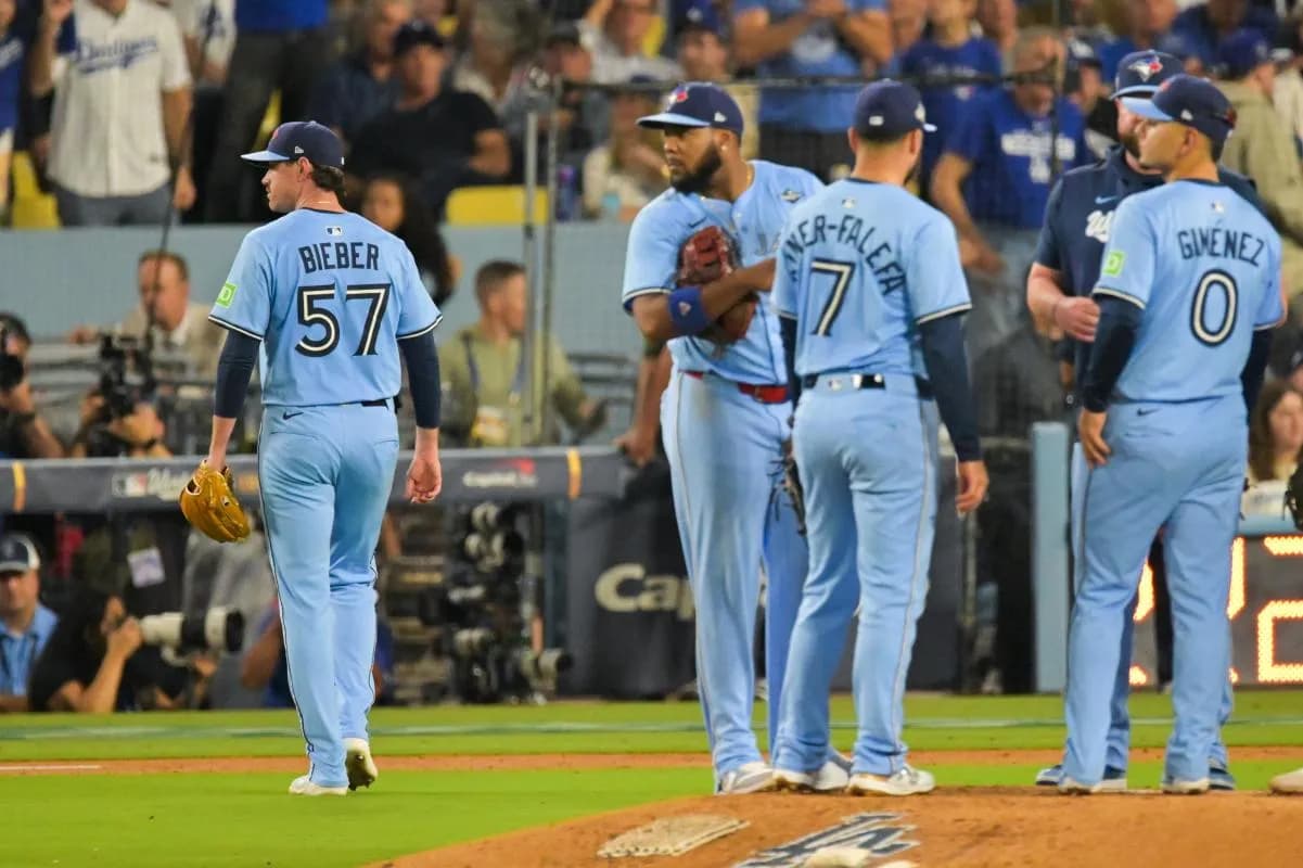 Toronto Blue Jays pitcher Shane Bieber (57) leaves the game during the sixth inning against the Los Angeles Dodgers during game four of the 2025 MLB World Series at Dodger Stadium.