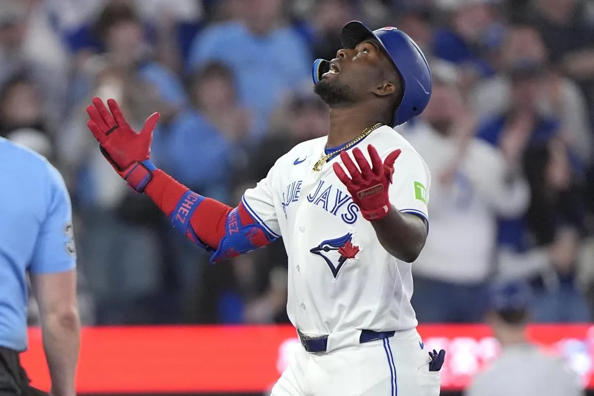 Toronto Blue Jays left fielder Jesus Sanchez (12) reacts after his two-run home run against the Athletics during the third inning at Rogers Centre.