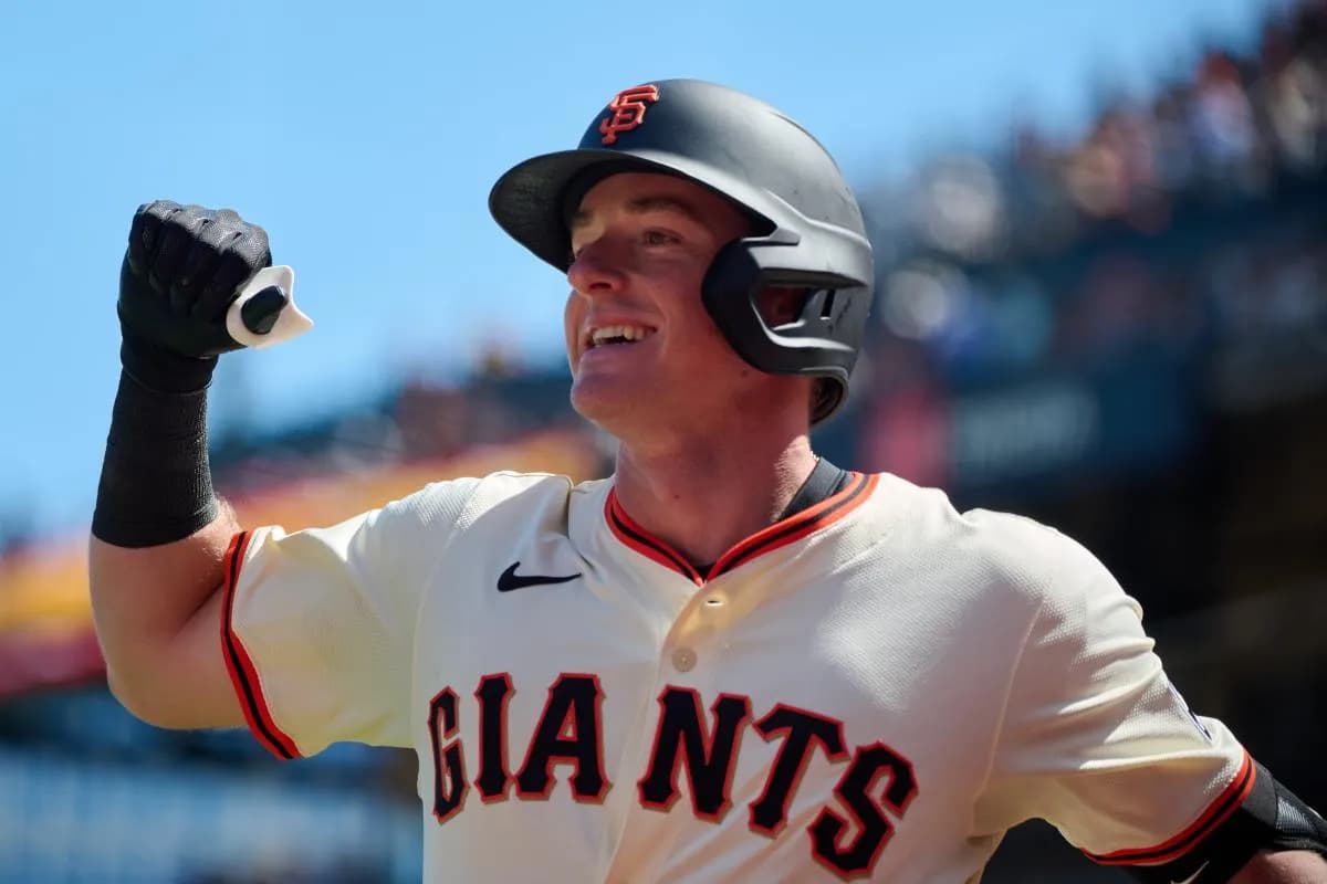 San Francisco Giants second baseman Tyler Fitzgerald (49) reacts after hitting a one run home run against the Tampa Bay Rays during the seventh inning at Oracle Park.
