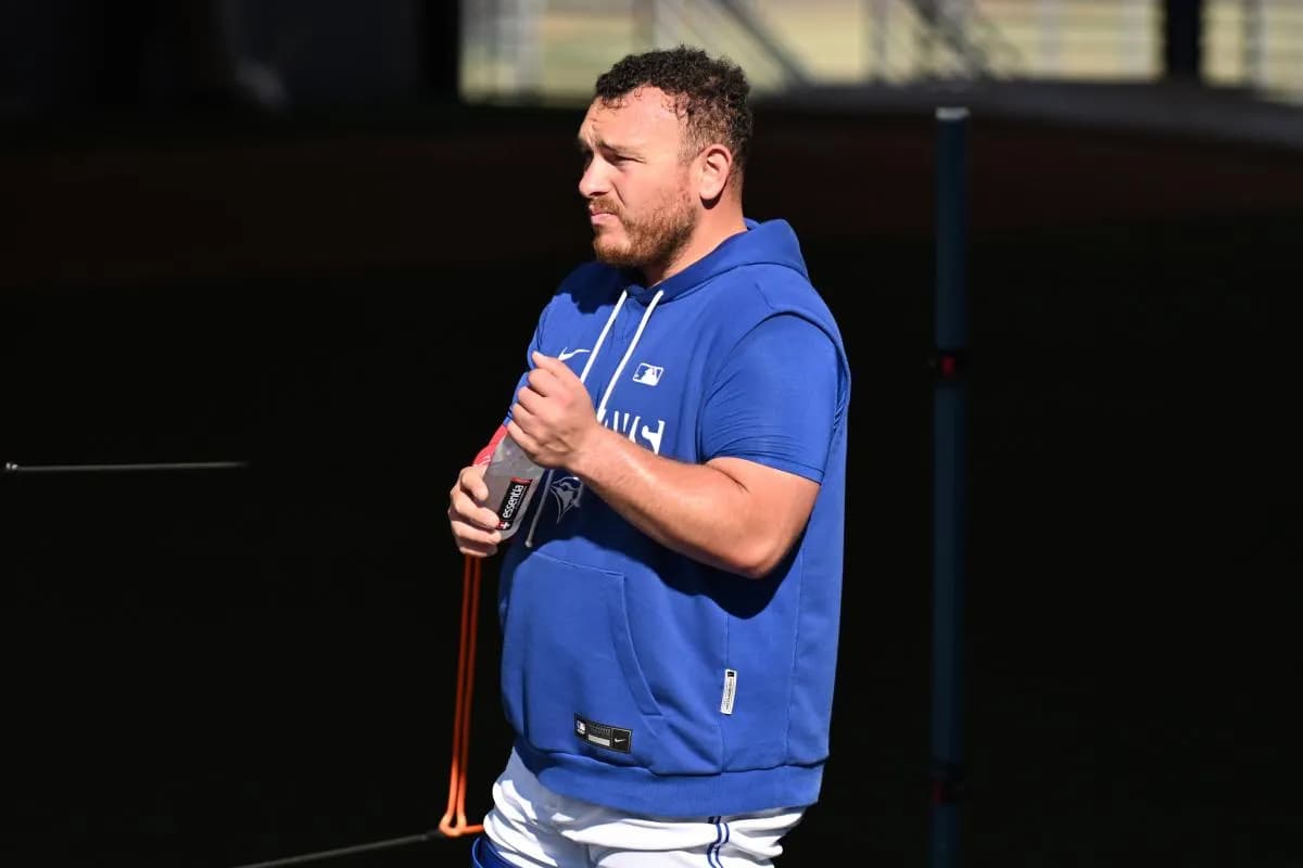 Toronto Blue Jays catcher Alejandro Kirk (30) takes a break during spring training at the Bobby Mattick Training Center at Englebert Complex.