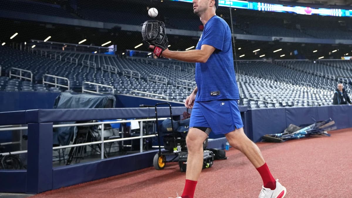 Toronto Blue Jays starting pitcher Max Scherzer (31) walks towards the dugout before a game against the Minnesota Twins at Rogers Centre.