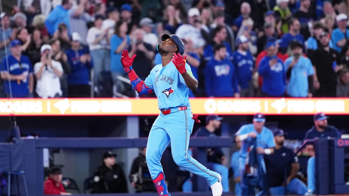 Toronto Blue Jays left fielder Jesus Sanchez (12) celebrates hitting a two run home run against the Minnesota Twins during the ninth inning at Rogers Centre.