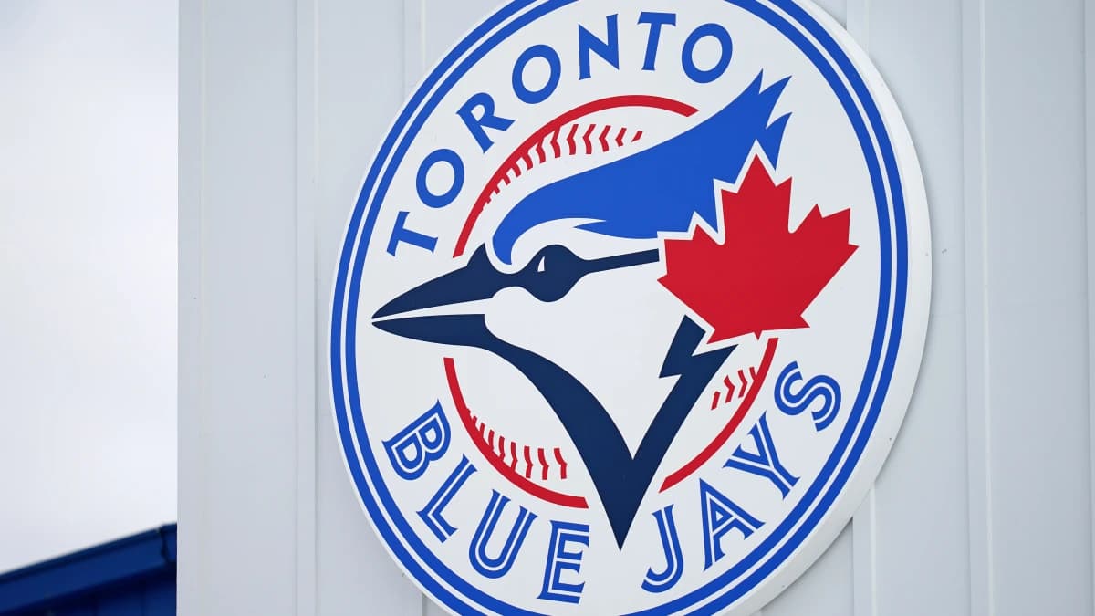 A detailed view of the Toronto Blue Jays logo on a building at TD Ballpark during the spring training game between the Toronto Blue Jays and the Philadelphia Phillies.