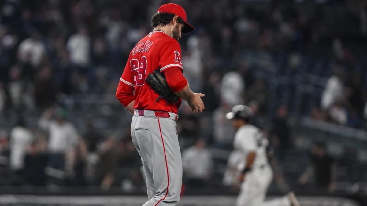Los Angeles Angels pitcher Jordan Romano (68) reacts after giving up a two run home run to New York Yankees center fielder Trent Grisham (not pictured) during the ninth inning at Yankee Stadium.