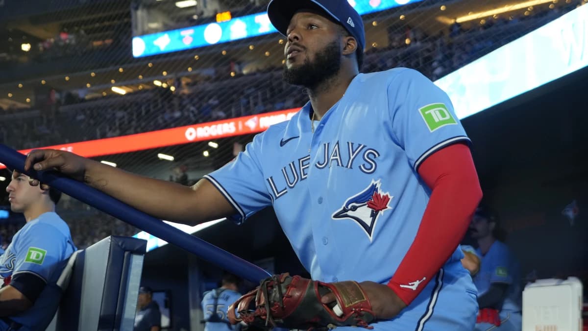 Toronto Blue Jays first baseman Vladimir Guerrero Jr. (27) looks towards the field before the start of the game against the Los Angeles Dodgers at Rogers Centre.