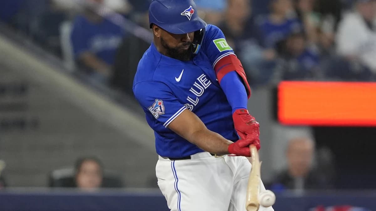 Toronto Blue Jays designated hitter Eloy Jimenez (74) hits a single against the Minnesota Twins during the eighth inning at Rogers Centre.