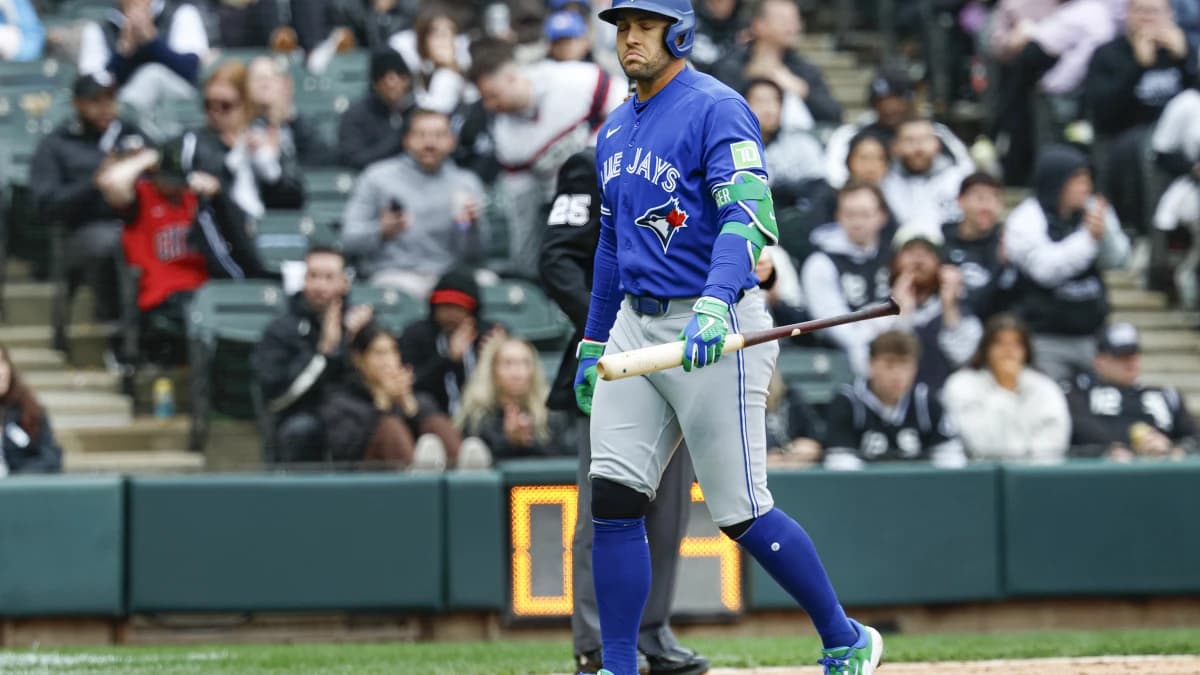 Toronto Blue Jays designated hitter George Springer (4) reacts after striking out against the Chicago White Sox during the ninth inning at Rate Field.