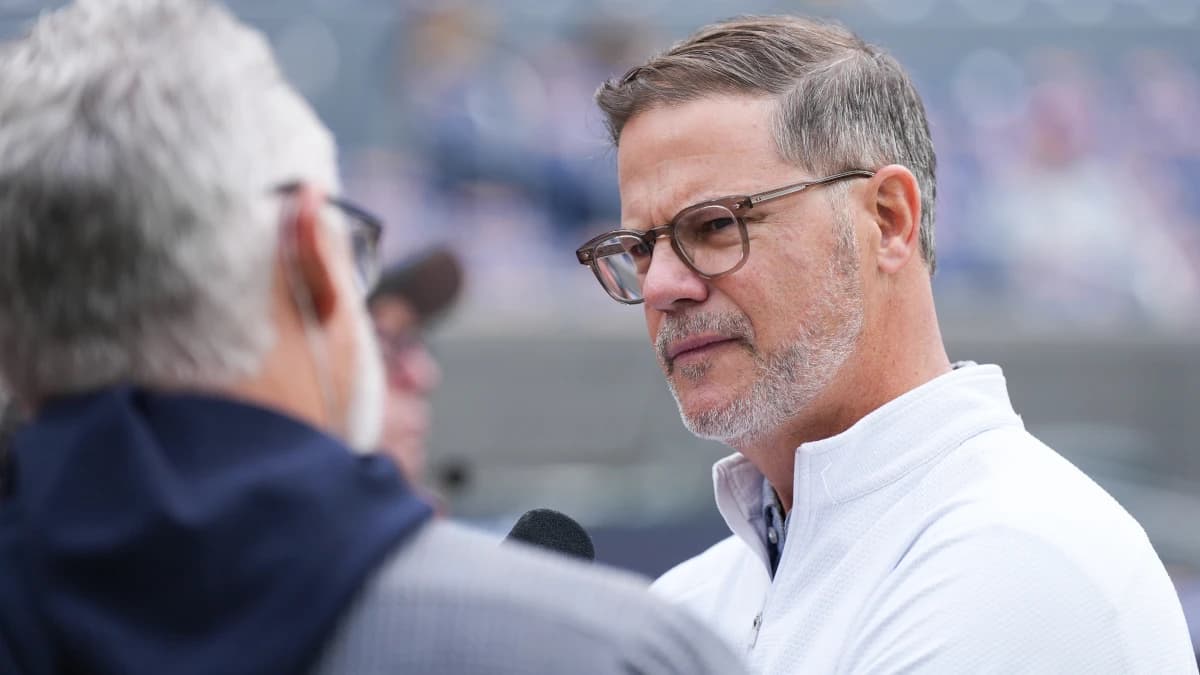 Toronto Blue Jays general manager Ross Atkins talks with the media during batting practice between the Toronto Blue Jays and Seattle Mariners before game two of the ALCS round for the 2025 MLB playoffs at Rogers Centre.